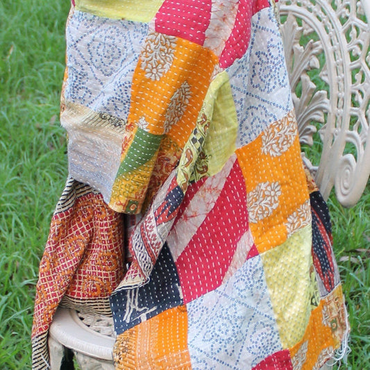 Playful Patchwork Reversible 100% Cotton Scarf - Handmade Kantha Design - 45x180cm - Unique Two-Sided Look - Free Shipping in Australia