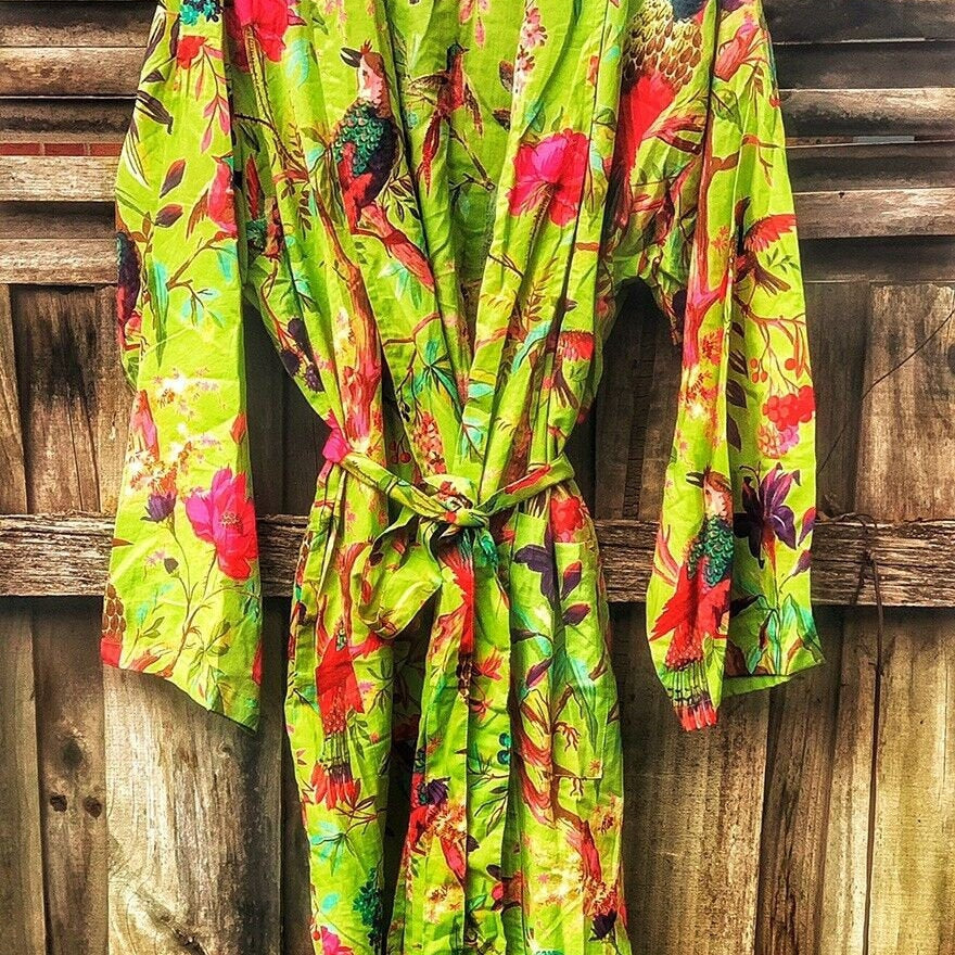 Boho Birds 100% Cotton Kimono Bathrobe - Bird of Paradise Inspired Design - Free Size 48-inch - Versatile Kimono, Robe & Kaftan - Limited Edition