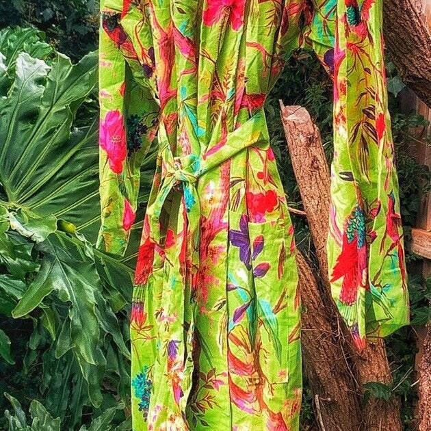 Boho Birds 100% Cotton Kimono Bathrobe - Bird of Paradise Inspired Design - Free Size 48-inch - Versatile Kimono, Robe & Kaftan - Limited Edition