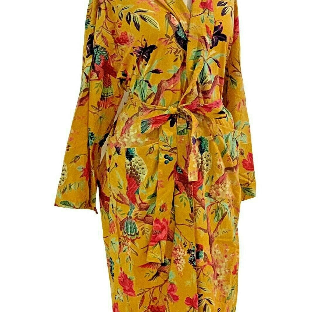 Birds of Paradise 100% Cotton Kimono Bathrobe - Frida Kahlo Inspired Design - Versatile 48-inch Free Size - Made in India - Limited Edition