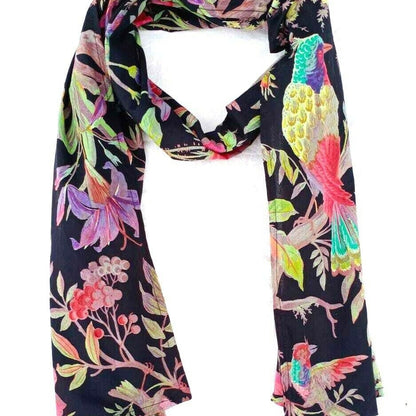 Noir Birds & Blooms 100% Cotton Scarf - Multi-Coloured Bird of Paradise Design - 160x40cm Neck Wrap - Lightweight & Elegant - Made in Australia