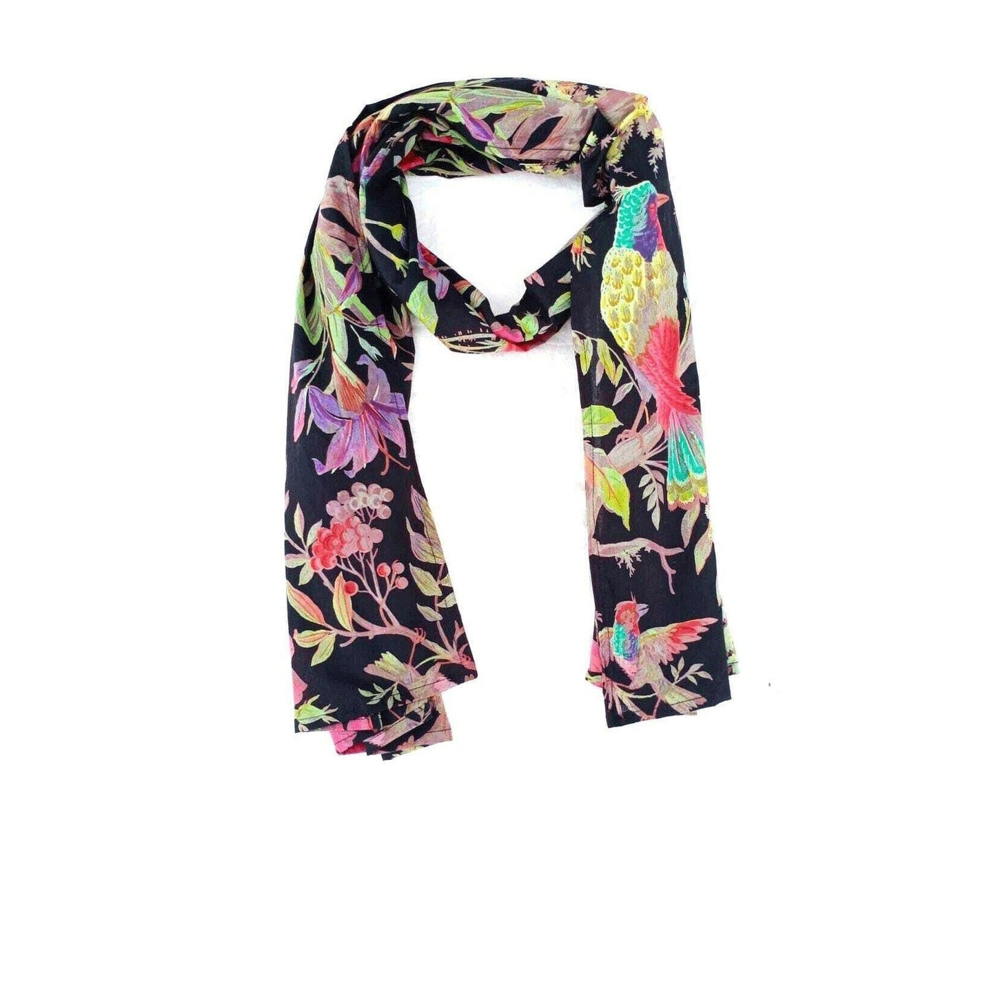 Noir Birds & Blooms 100% Cotton Scarf - Multi-Coloured Bird of Paradise Design - 160x40cm Neck Wrap - Lightweight & Elegant - Made in Australia