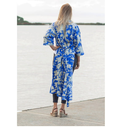 Boho Blue Kimono Bathrobe – 100% Cotton, Tropical Bird of Paradise Print, Lightweight & Versatile, Free Size, Limited Edition, Perfect as Kaftan, Robe, or Lounge Wear