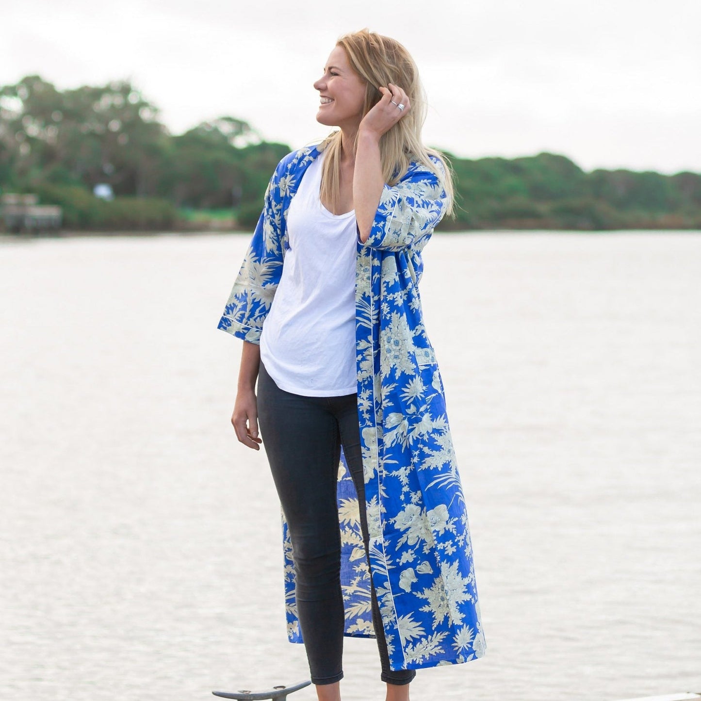 Boho Blue Kimono Bathrobe – 100% Cotton, Tropical Bird of Paradise Print, Lightweight & Versatile, Free Size, Limited Edition, Perfect as Kaftan, Robe, or Lounge Wear