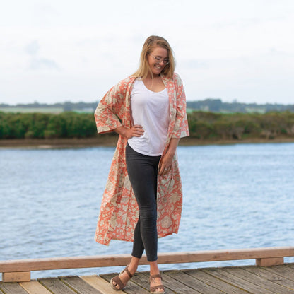 Blushing Sunset Petal Kimono Bathrobe – 100% Cotton, Tropical Bird of Paradise Print, Lightweight & Versatile, Free Size, Limited Edition, Perfect for Lounge, Kaftan, Robe