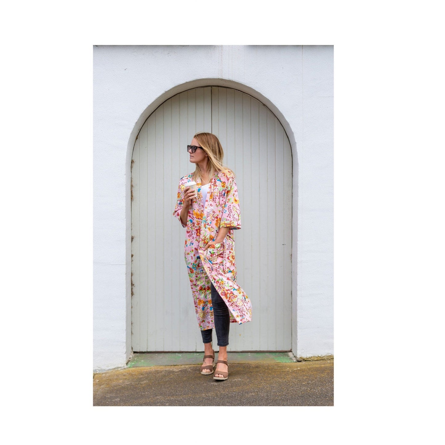 Peachy Petals Kimono 100% Cotton Bathrobe – Bird of Paradise Hand-Screen Printed, Lightweight Cotton Cambric, Versatile Styling (Kimono, Robe, Kaftan, Cardigan), Limited Edition, Free Size (48 inches), Designed in Australia, Handmade in India.