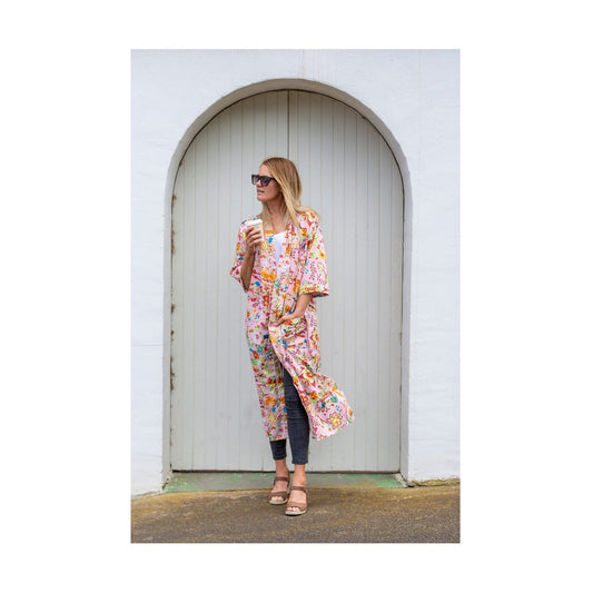 Peachy Petals Kimono 100% Cotton Bathrobe – Bird of Paradise Hand-Screen Printed, Lightweight Cotton Cambric, Versatile Styling (Kimono, Robe, Kaftan, Cardigan), Limited Edition, Free Size (48 inches), Designed in Australia, Handmade in India.