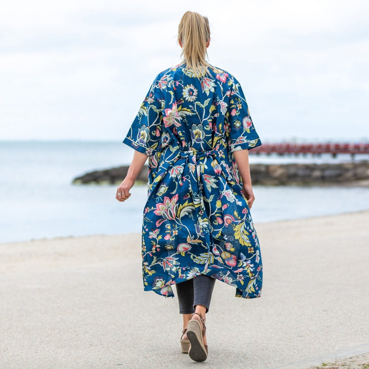 Blue Petals Cotton Kimono Bathrobe – 100% Cotton, Bird of Paradise Print, Free Size, Limited Edition, Multi-Use