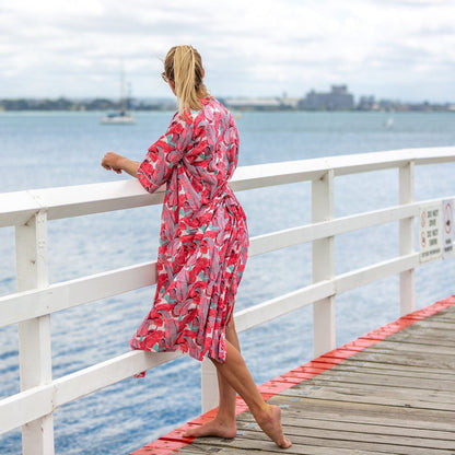 Melon Flora Kimono Bathrobe - 100% Cotton Cambric - Frida Kahlo-Inspired Bird of Paradise Print - One-Size-Fits-All - Versatile Kimono, Kaftan & Robe - Free Postage