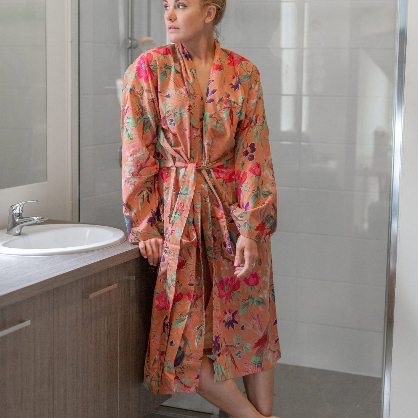 Sunset Birdsong Kimono Bathrobe - 100% Cotton Cambric - Frida Kahlo & Bird of Paradise Design - Free-Size, Multi-Functional Kimono, Robe, Kaftan - Limited Edition with Cotton Tie & Pockets