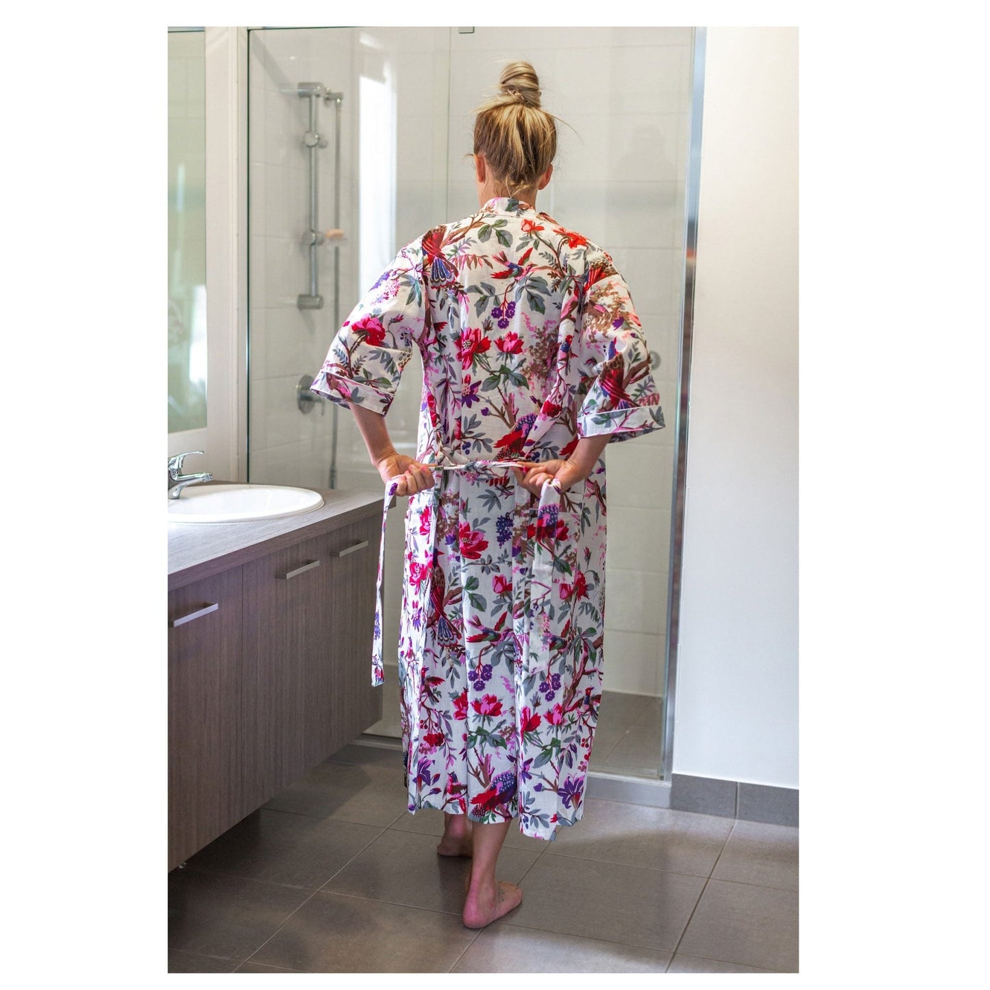 Ivory Aviary Kimono Bathrobe - 100% Cotton Cambric - Frida Kahlo & Bird of Paradise Design - Free-Size, Multi-Functional Kimono, Robe, Kaftan - Limited Edition with Cotton Tie & Pockets