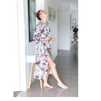 Azure Aviary Kimono Bathrobe - 100% Cotton Cambric - Frida Kahlo & Bird of Paradise Design - Free-Size Kimono, Robe & Kaftan - Matching Cotton Tie & Pockets - Limited Edition