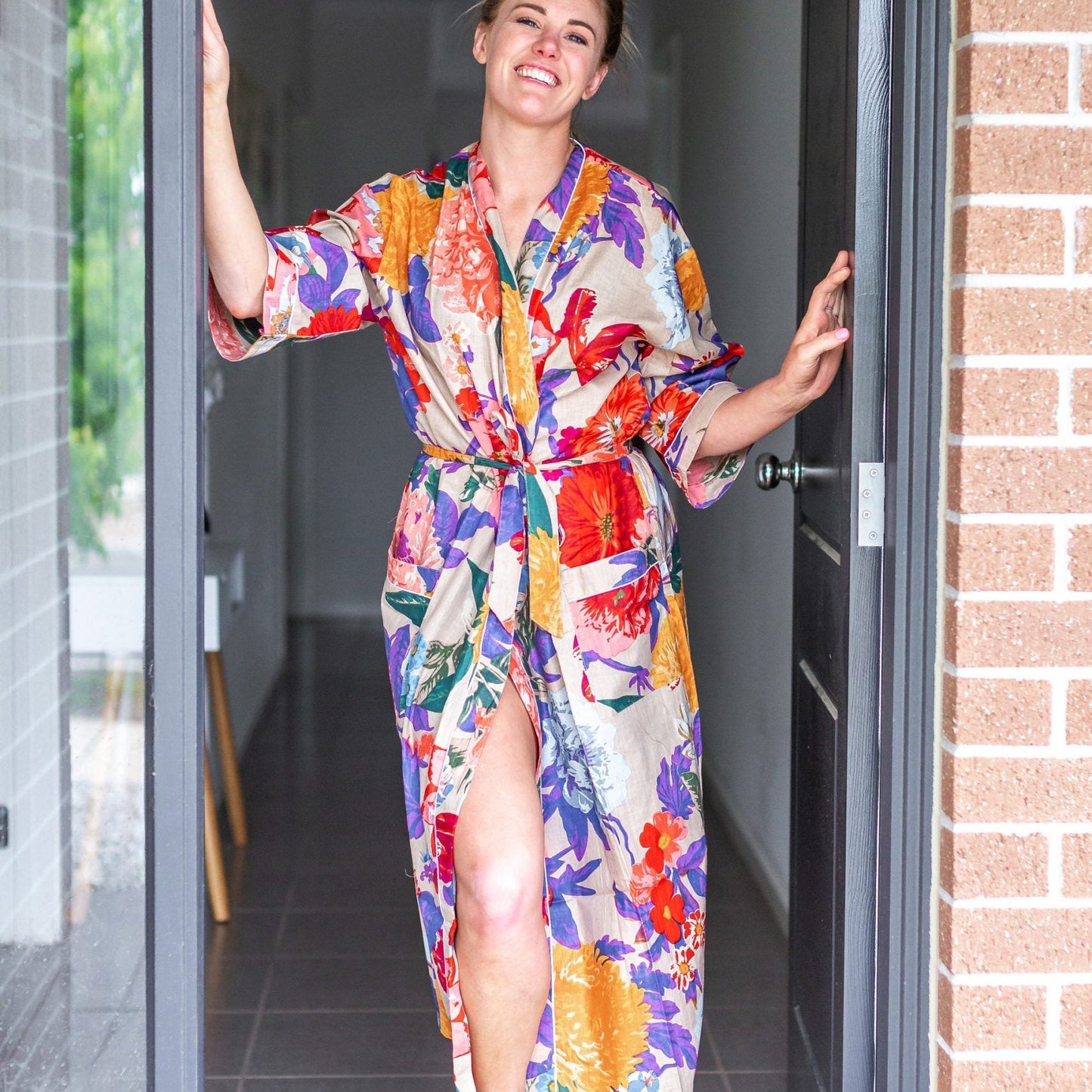 Morning Bloom Kimono Bathrobe - 100% Cotton Cambric - Frida Kahlo & Bird of Paradise Design - Free-Size Kimono, Robe & Kaftan - Matching Cotton Tie & Pockets - Limited Edition