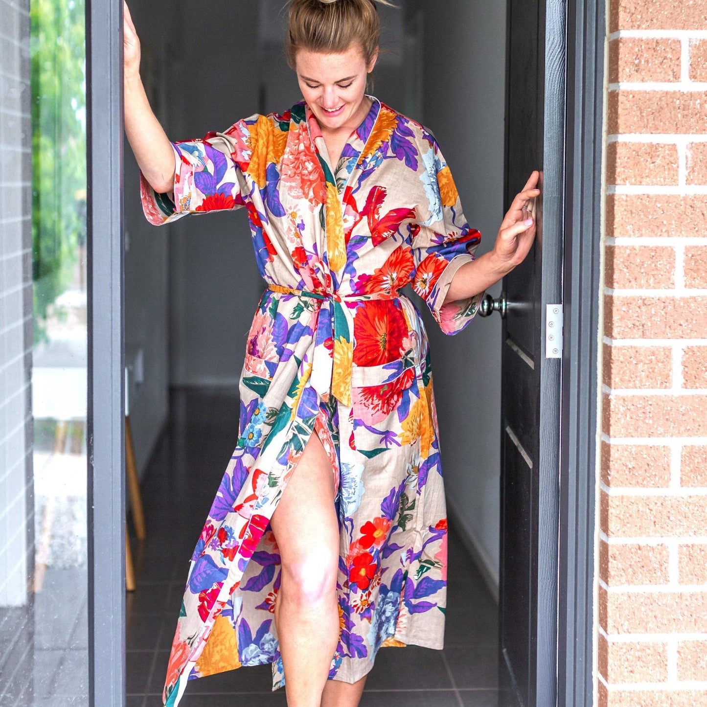 Morning Bloom Kimono Bathrobe - 100% Cotton Cambric - Frida Kahlo & Bird of Paradise Design - Free-Size Kimono, Robe & Kaftan - Matching Cotton Tie & Pockets - Limited Edition