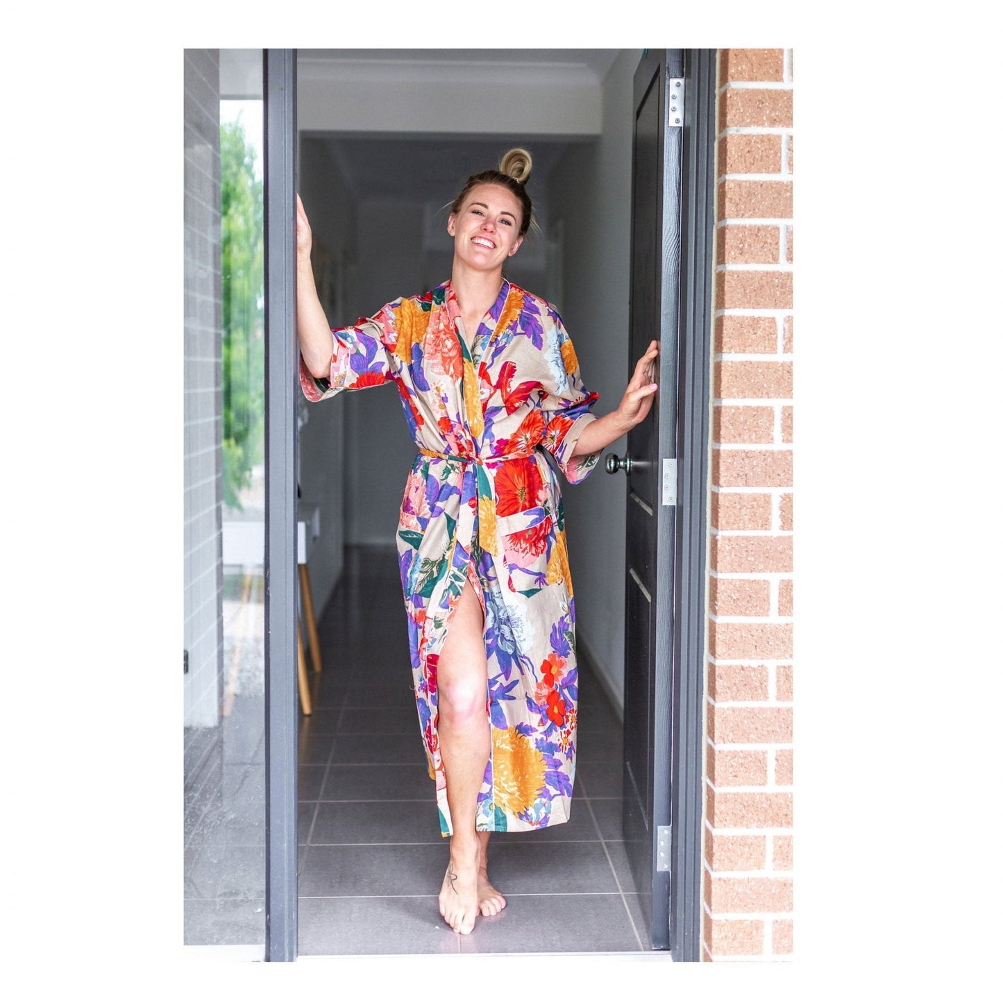 Morning Bloom Kimono Bathrobe - 100% Cotton Cambric - Frida Kahlo & Bird of Paradise Design - Free-Size Kimono, Robe & Kaftan - Matching Cotton Tie & Pockets - Limited Edition