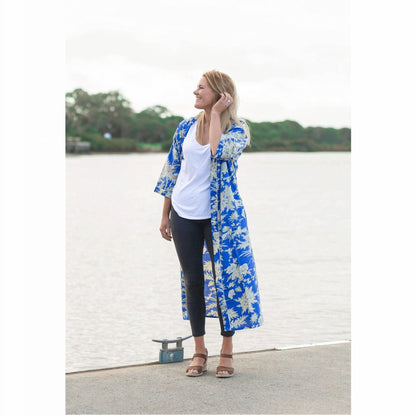 Boho Blue Kimono Bathrobe – 100% Cotton, Tropical Bird of Paradise Print, Lightweight & Versatile, Free Size, Limited Edition, Perfect as Kaftan, Robe, or Lounge Wear