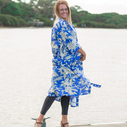 Boho Blue Kimono Bathrobe – 100% Cotton, Tropical Bird of Paradise Print, Lightweight & Versatile, Free Size, Limited Edition, Perfect as Kaftan, Robe, or Lounge Wear