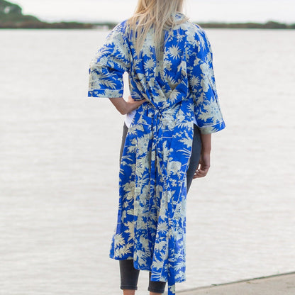 Boho Blue Kimono Bathrobe – 100% Cotton, Tropical Bird of Paradise Print, Lightweight & Versatile, Free Size, Limited Edition, Perfect as Kaftan, Robe, or Lounge Wear