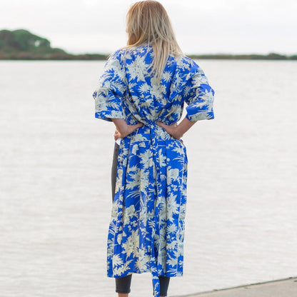 Boho Blue Kimono Bathrobe – 100% Cotton, Tropical Bird of Paradise Print, Lightweight & Versatile, Free Size, Limited Edition, Perfect as Kaftan, Robe, or Lounge Wear