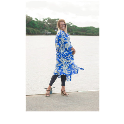 Boho Blue Kimono Bathrobe – 100% Cotton, Tropical Bird of Paradise Print, Lightweight & Versatile, Free Size, Limited Edition, Perfect as Kaftan, Robe, or Lounge Wear