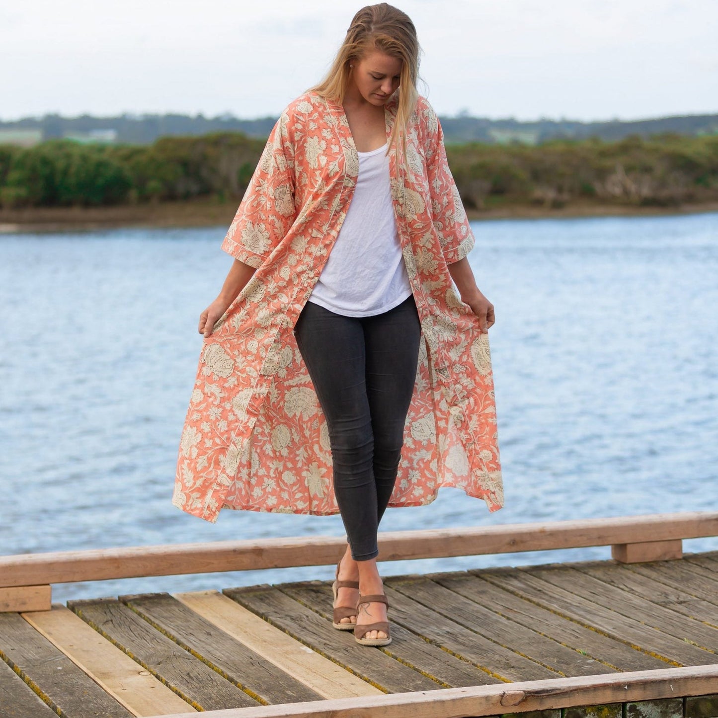 Blushing Sunset Petal Kimono Bathrobe – 100% Cotton, Tropical Bird of Paradise Print, Lightweight & Versatile, Free Size, Limited Edition, Perfect for Lounge, Kaftan, Robe