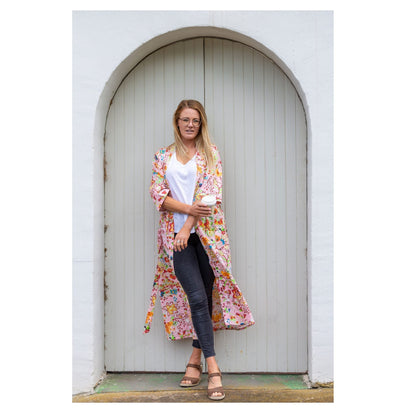 Peachy Petals Kimono 100% Cotton Bathrobe – Bird of Paradise Hand-Screen Printed, Lightweight Cotton Cambric, Versatile Styling (Kimono, Robe, Kaftan, Cardigan), Limited Edition, Free Size (48 inches), Designed in Australia, Handmade in India.