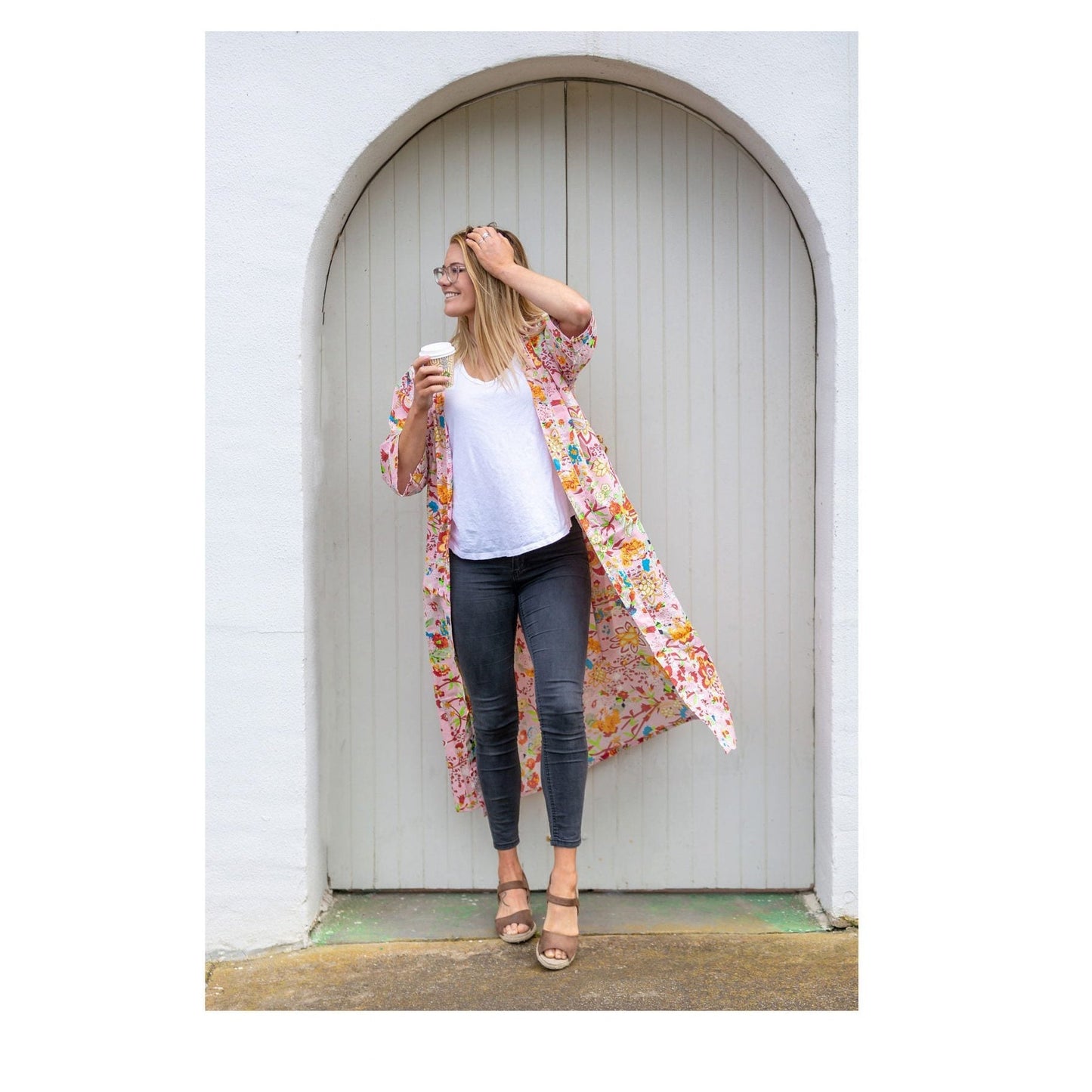 Peachy Petals Kimono 100% Cotton Bathrobe – Bird of Paradise Hand-Screen Printed, Lightweight Cotton Cambric, Versatile Styling (Kimono, Robe, Kaftan, Cardigan), Limited Edition, Free Size (48 inches), Designed in Australia, Handmade in India.