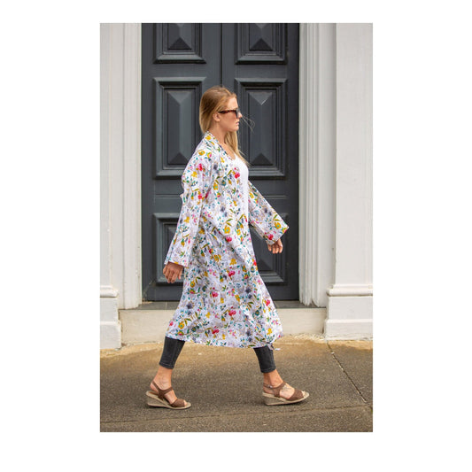 White Wanderings 100% Cotton Bathrobe – Floral-Themed Design, Soft Cotton Cambric, Bird of Paradise Hand-Screen Printed, Versatile Styling (Kimono, Kaftan, Cardigan), Limited Edition, Free Size, Designed in Australia, Handmade in India.