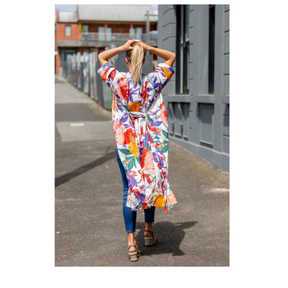 Bright Blanche Blooms Kimono 100% Cotton Bathrobe – Bird of Paradise Design, Premium Cotton Cambric, Versatile Styling, Free Size, Limited Edition, Designed in Australia, Made in India.