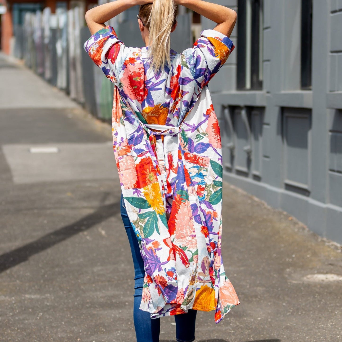 Bright Blanche Blooms Kimono 100% Cotton Bathrobe – Bird of Paradise Design, Premium Cotton Cambric, Versatile Styling, Free Size, Limited Edition, Designed in Australia, Made in India.