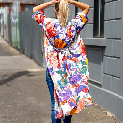 Bright Blanche Blooms Kimono 100% Cotton Bathrobe – Bird of Paradise Design, Premium Cotton Cambric, Versatile Styling, Free Size, Limited Edition, Designed in Australia, Made in India.