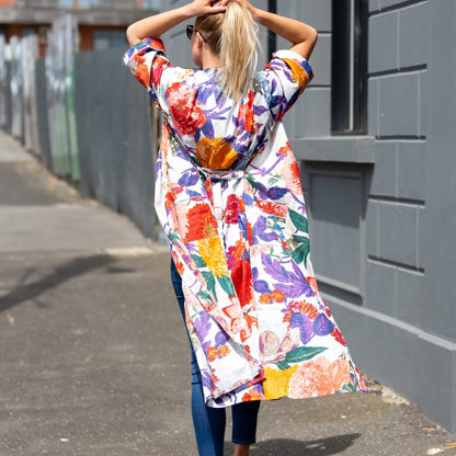 Bright Blanche Blooms Kimono 100% Cotton Bathrobe – Bird of Paradise Design, Premium Cotton Cambric, Versatile Styling, Free Size, Limited Edition, Designed in Australia, Made in India.