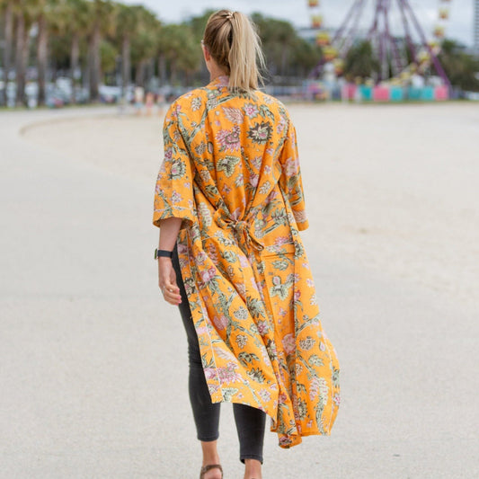 Ornamental Orange Kimono 100% Cotton Bathrobe – Bird of Paradise Inspired, Multi-Use, Free Size, Limited Edition, 48 Inches