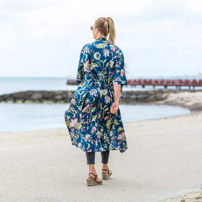 Blue Petals Cotton Kimono Bathrobe – 100% Cotton, Bird of Paradise Print, Free Size, Limited Edition, Multi-Use