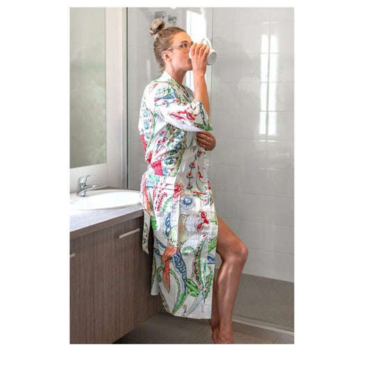 Paradise Plumage Kimono Bathrobe - 100% Cotton Cambric - Frida Kahlo & Bird of Paradise Design - Free-Size, Versatile Kimono, Robe, Kaftan - Limited Edition with Matching Tie & Pockets