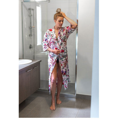 Ivory Aviary Kimono Bathrobe - 100% Cotton Cambric - Frida Kahlo & Bird of Paradise Design - Free-Size, Multi-Functional Kimono, Robe, Kaftan - Limited Edition with Cotton Tie & Pockets