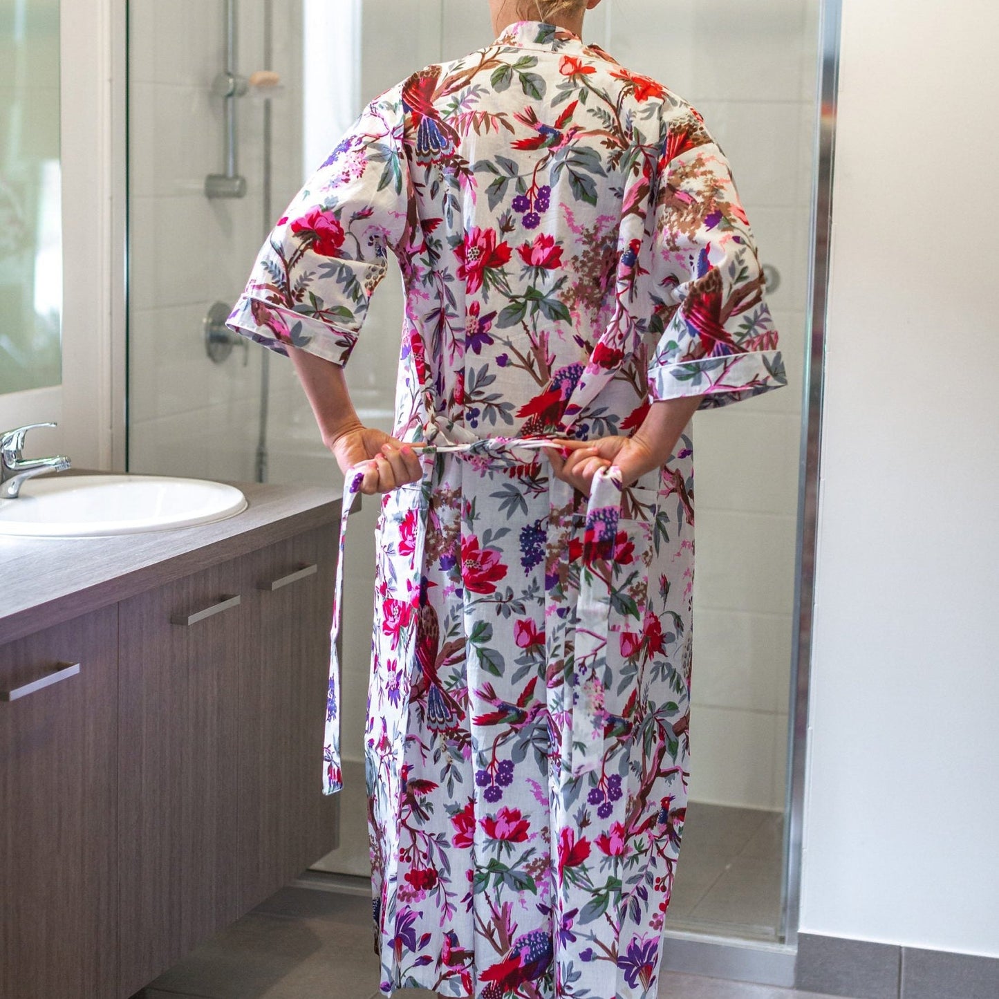 Ivory Aviary Kimono Bathrobe - 100% Cotton Cambric - Frida Kahlo & Bird of Paradise Design - Free-Size, Multi-Functional Kimono, Robe, Kaftan - Limited Edition with Cotton Tie & Pockets