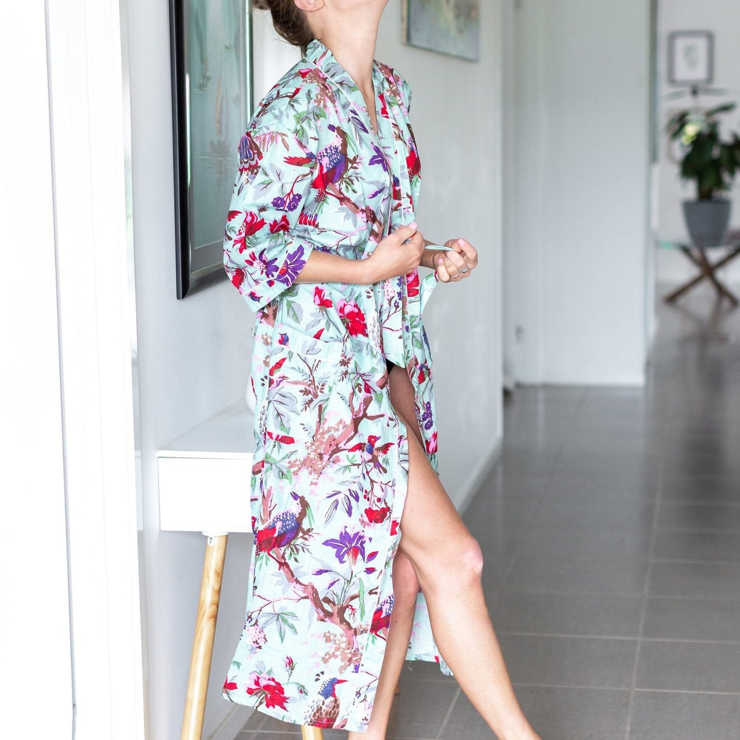 Azure Aviary Kimono Bathrobe - 100% Cotton Cambric - Frida Kahlo & Bird of Paradise Design - Free-Size Kimono, Robe & Kaftan - Matching Cotton Tie & Pockets - Limited Edition