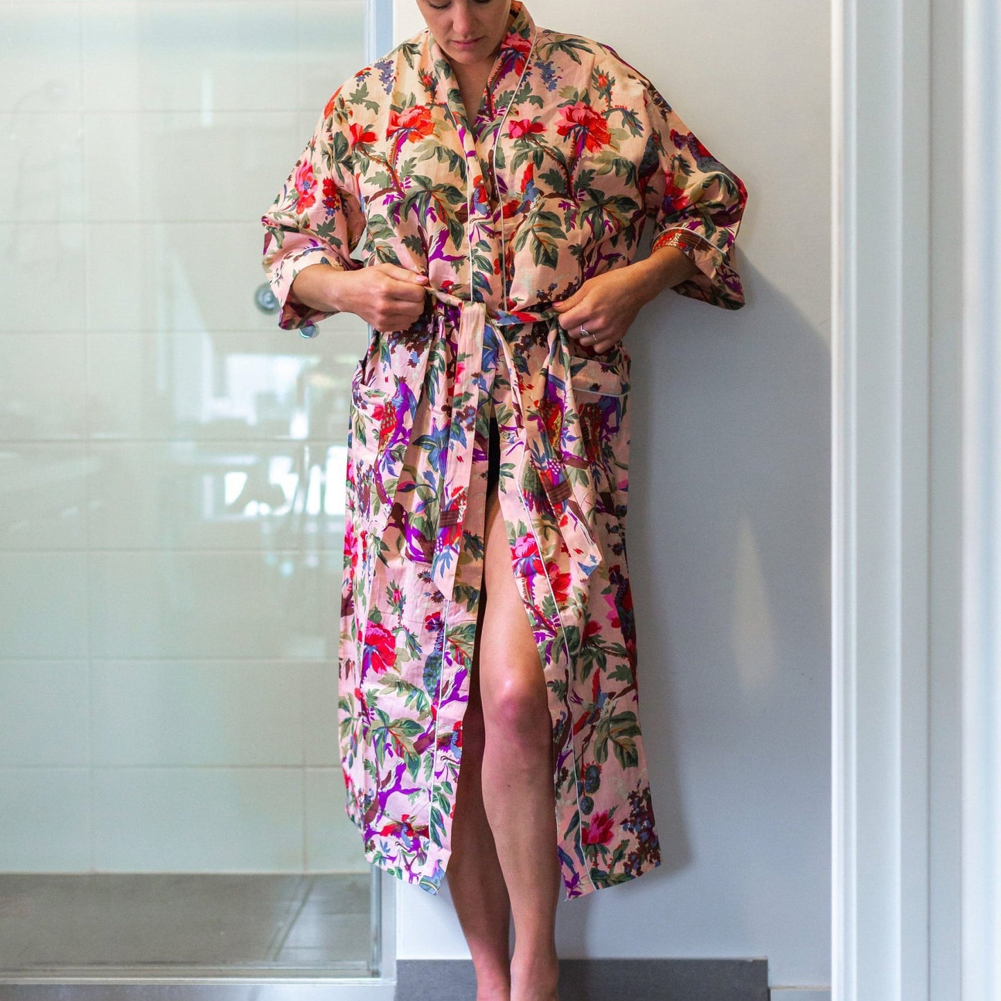 Tan Paradise Kimono Bathrobe - 100% Cotton Cambric - Bird of Paradise Print - Frida Kahlo-Inspired - Free Size 48 inches - Versatile Kimono, Kaftan, & Robe - Free Postage