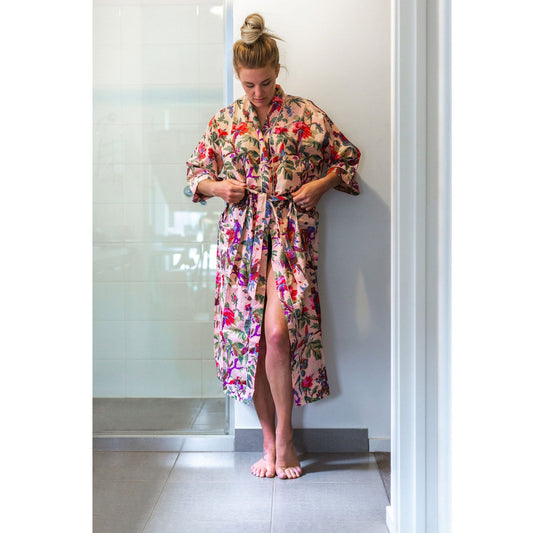 Tan Paradise Kimono Bathrobe - 100% Cotton Cambric - Bird of Paradise Print - Frida Kahlo-Inspired - Free Size 48 inches - Versatile Kimono, Kaftan, & Robe - Free Postage