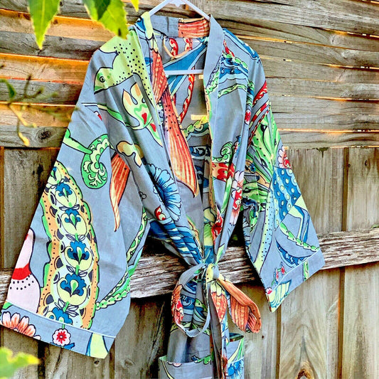 Tropicana Dream 100% Cotton Kimono Robe – Bird of Paradise Print, Lightweight & Versatile, Kaftan, Robe, Cardigan, Free Size, Artisan Crafted, Limited Edition